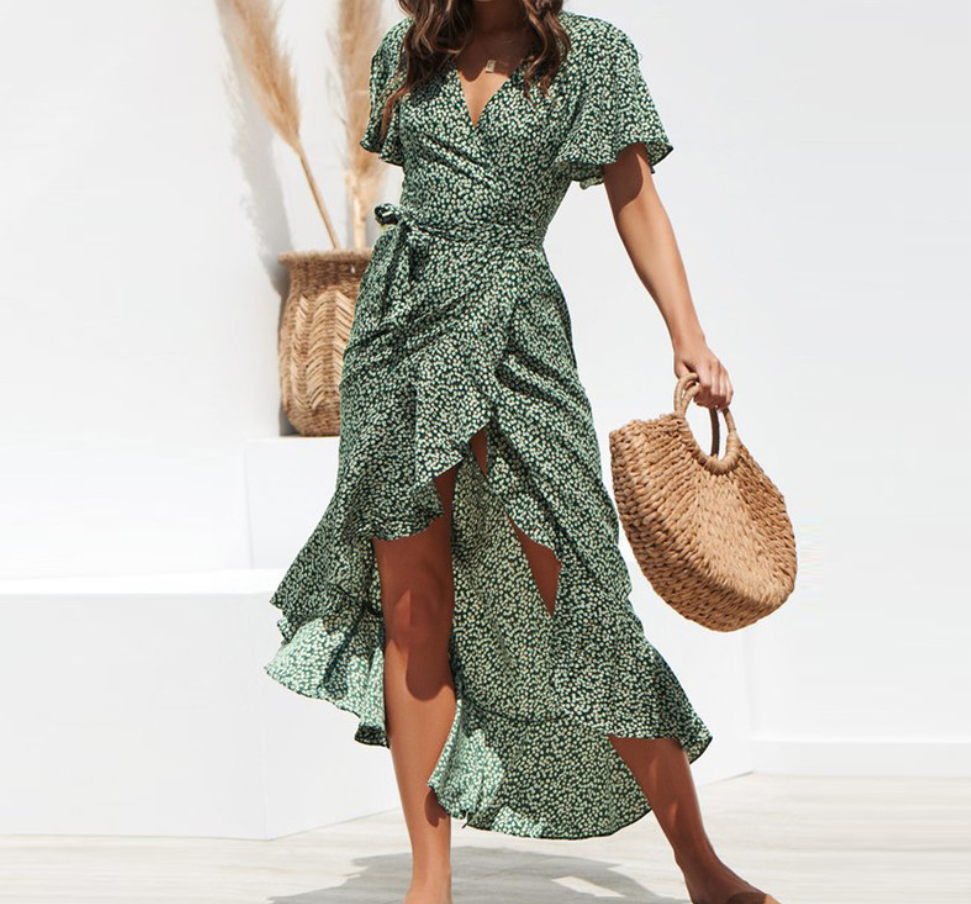 Print Ruffle Edged Wrap Dress