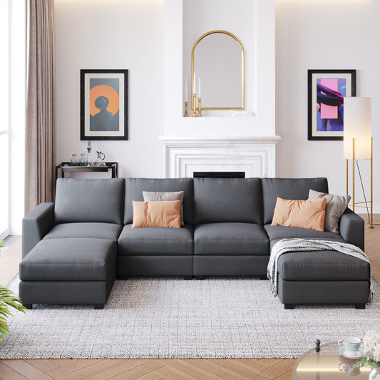 3 Pieces U shaped Sofa with Removable Ottomans - Grey