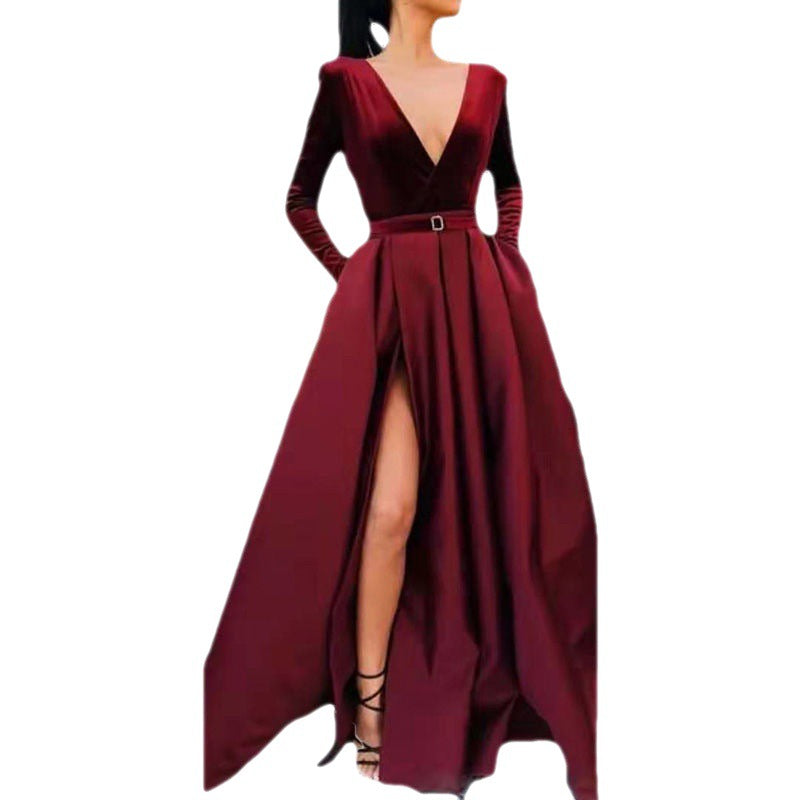 Women's Belted High Slit with Pockets Long Sleeve Dress