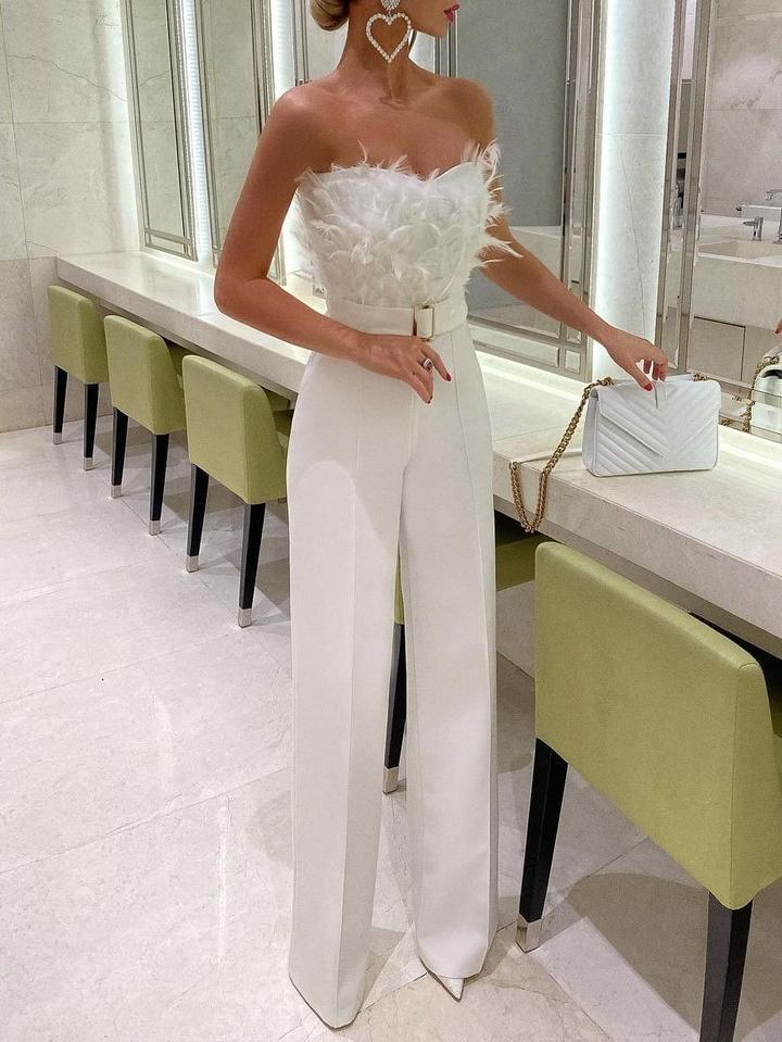 Belted Strapless Feather Jumpsuit