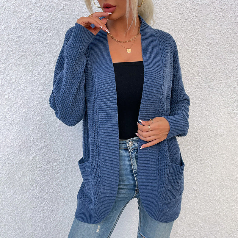 Knitted Curved Hem Double Pocket Sweater