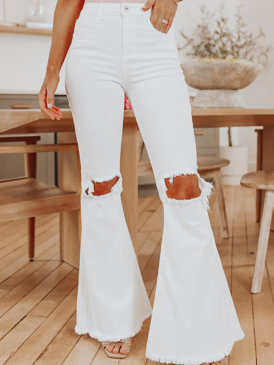 Weiße, zerrissene Vintage-Jeans für Damen mit Bell-Bottom-Schnitt