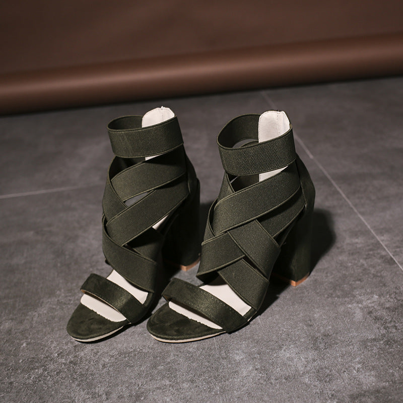 Crossed Elastic Strap Sandals (Color Options)