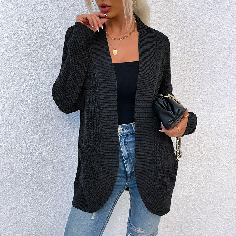 Knitted Curved Hem Double Pocket Sweater