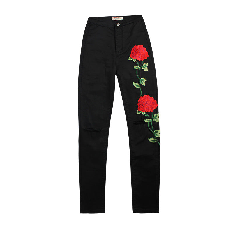 Rose Embroidered Skinny Black Jeans