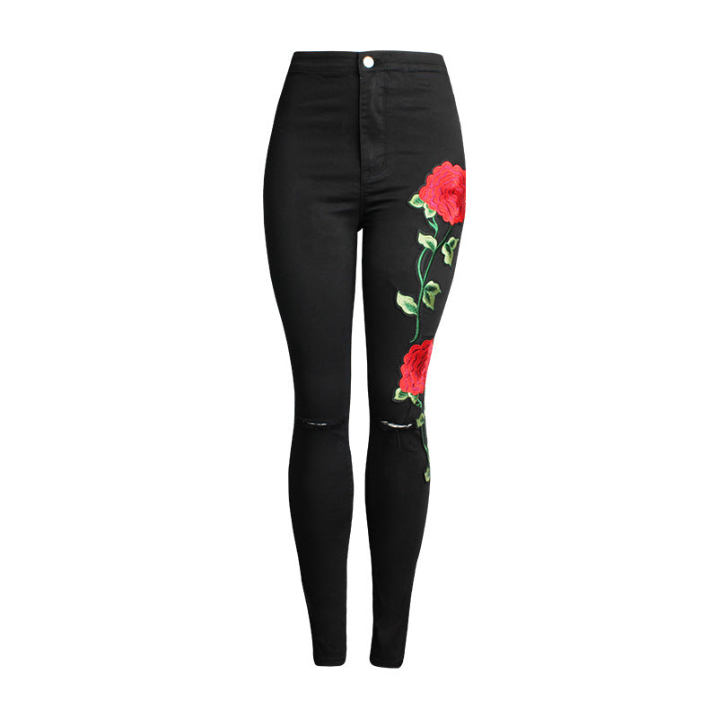 Rose Embroidered Skinny Black Jeans
