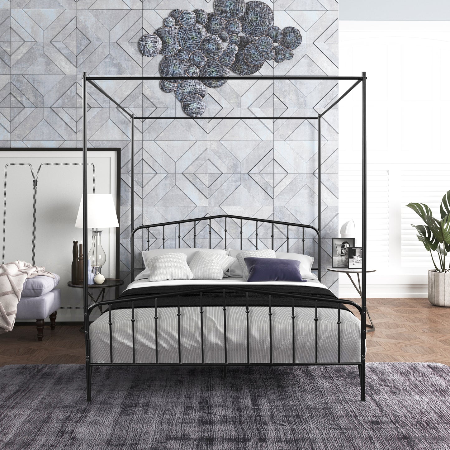 Anti-Noise Metal Detachable Queen Canopy Bed