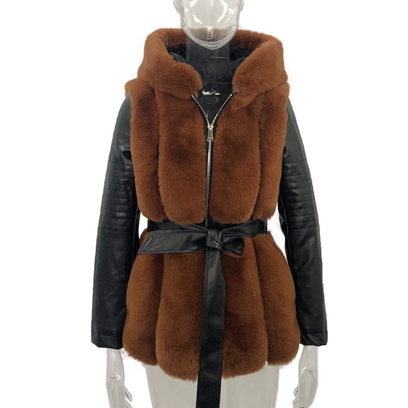 Fur Vested PU Leather Long Sleeve Jacket
