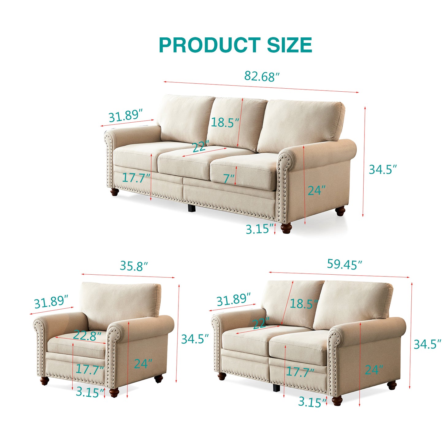 Tapicería de tela de lino con sofá con almacenamiento oculto Combinación de 2+3 plazas (Beige)
