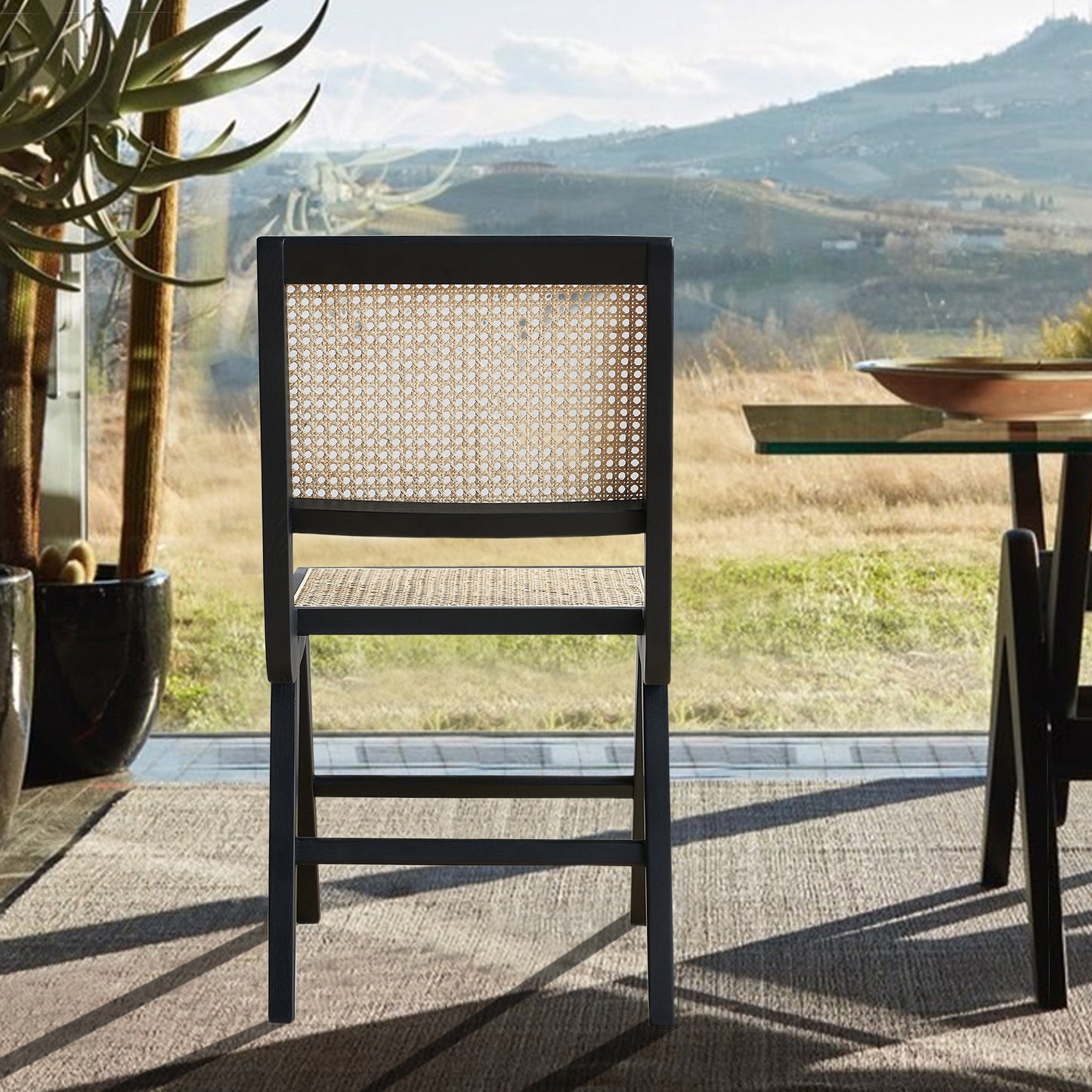 Handmade Natural Rattan & Black Wood Dining Chair (Set Of 2)