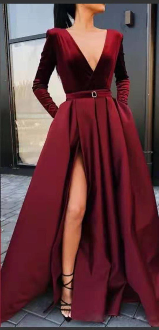 Women's Belted High Slit with Pockets Long Sleeve Dress