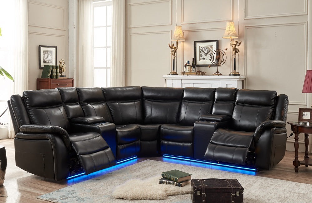 Black Power Reclining Sectional Sofa W/LED Strip & Phone Charger