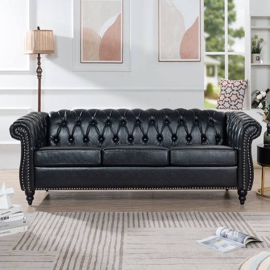 Black Leather Tufted Sofa with Nail Head Trim 84.65"