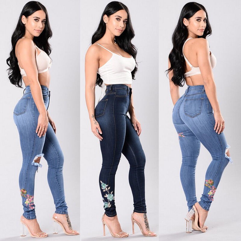 Women's Embroidered Denim Rip Knee Jeans