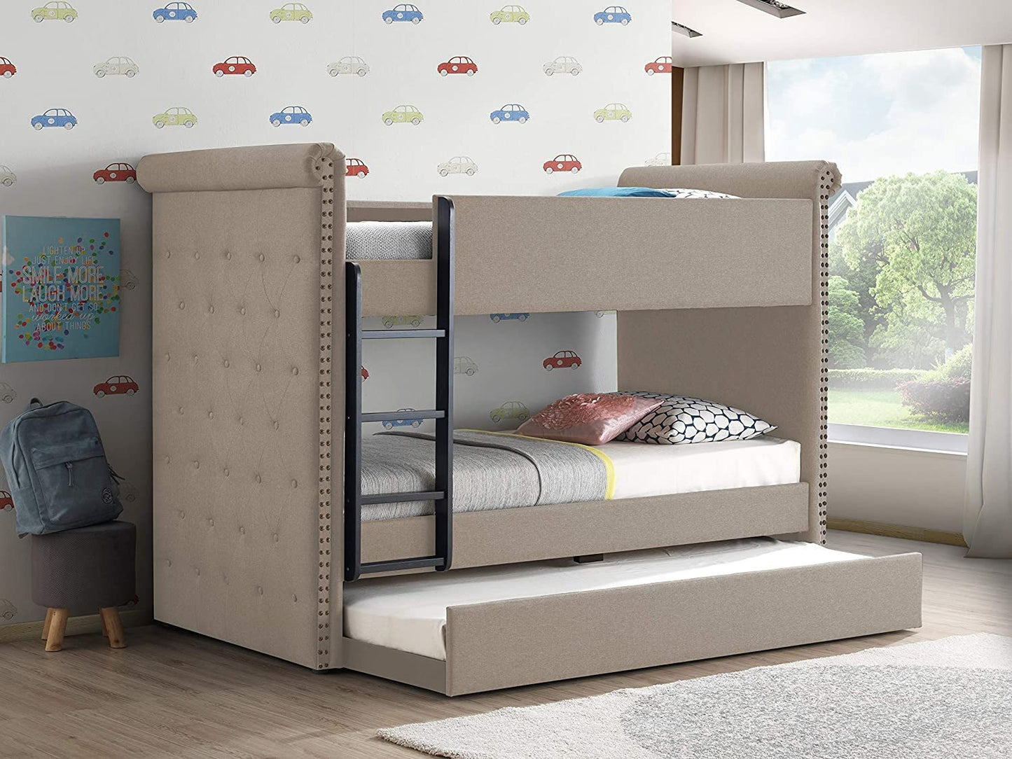 Beige Tufted Twin/Twin Bunk Bed & Trundle