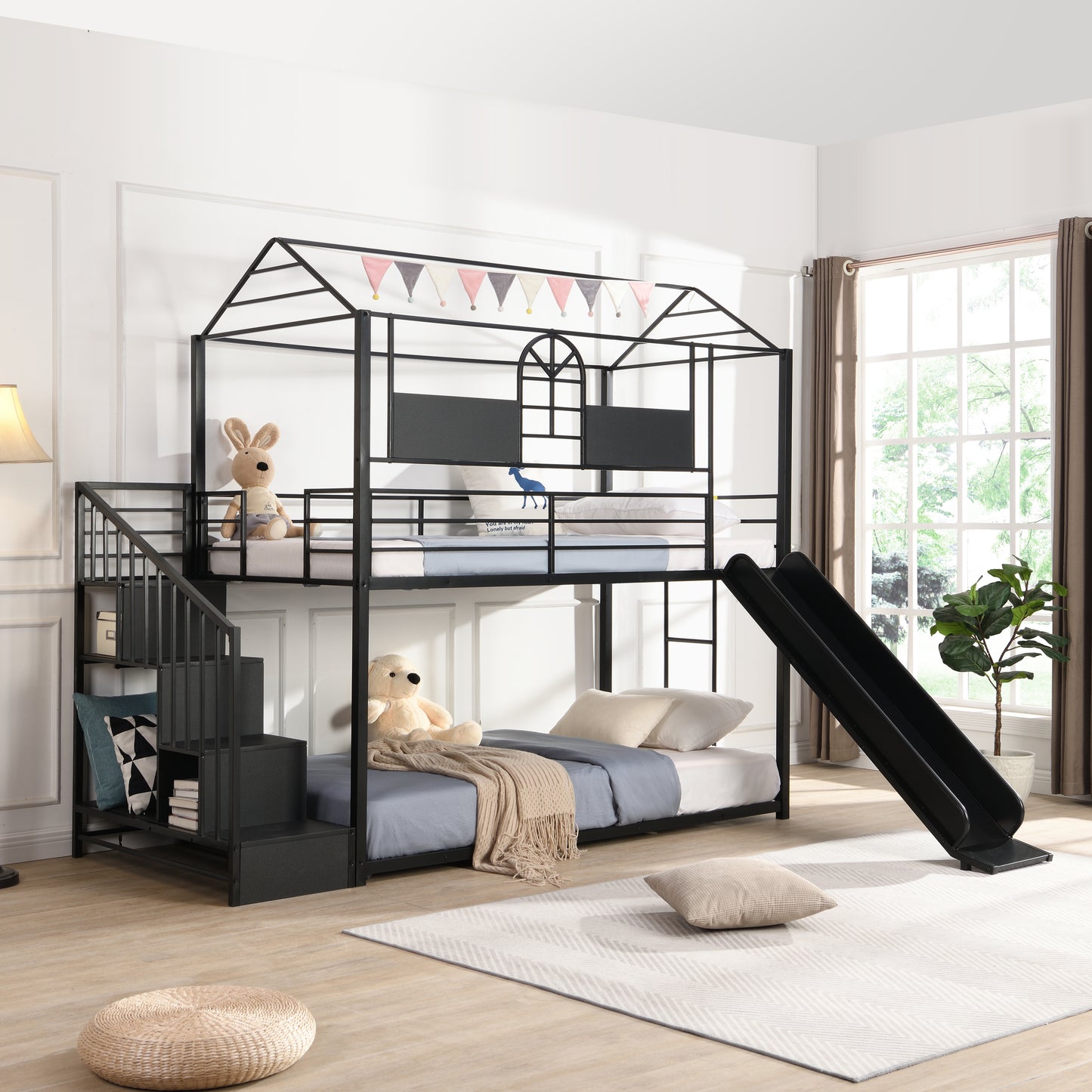 Cool Kids House Shaped Bunk Bed with Slide and Storage Steps