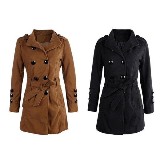 Woolen Button Belted Trench Coat