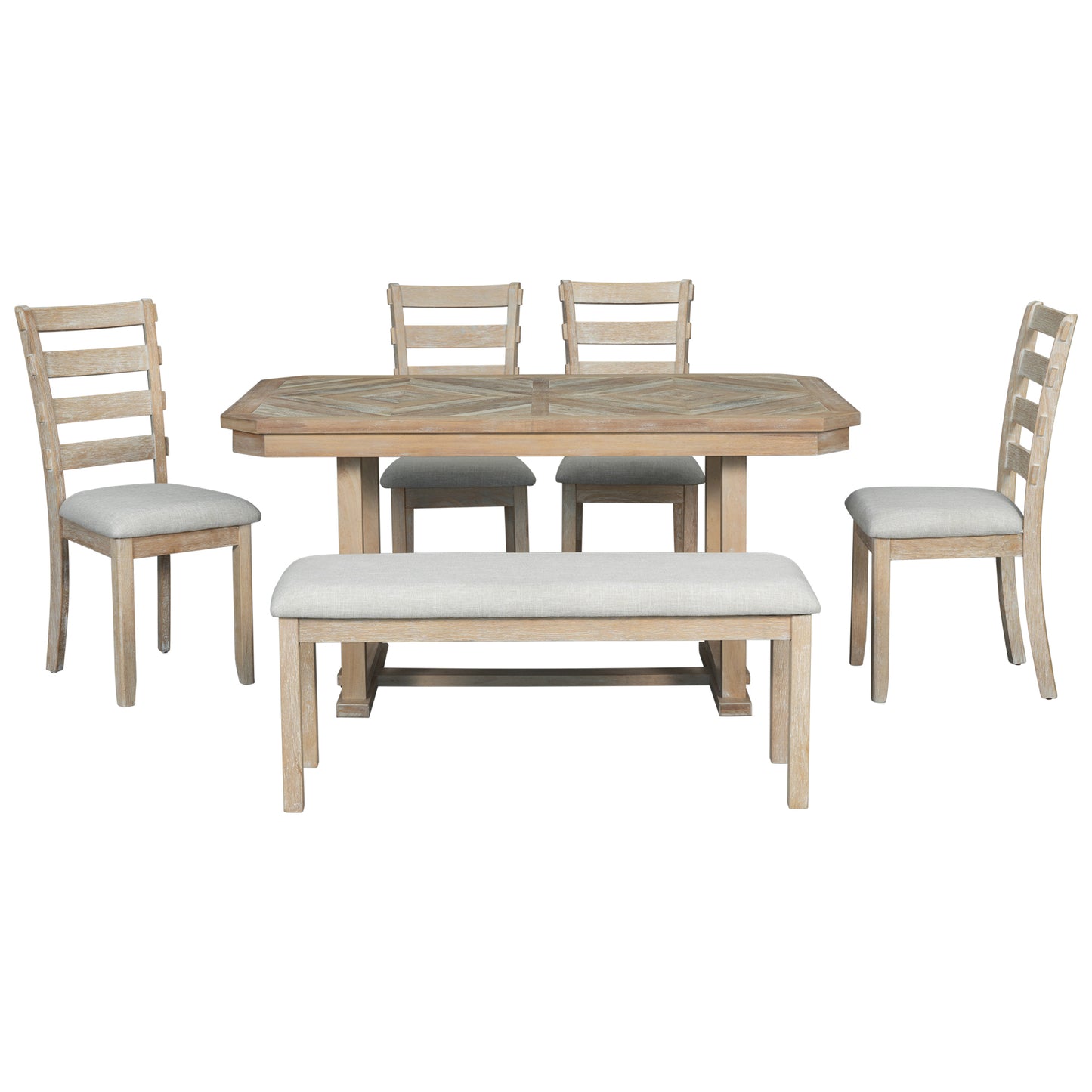 Juego de mesa de comedor de madera Chevron de 6 piezas con banco