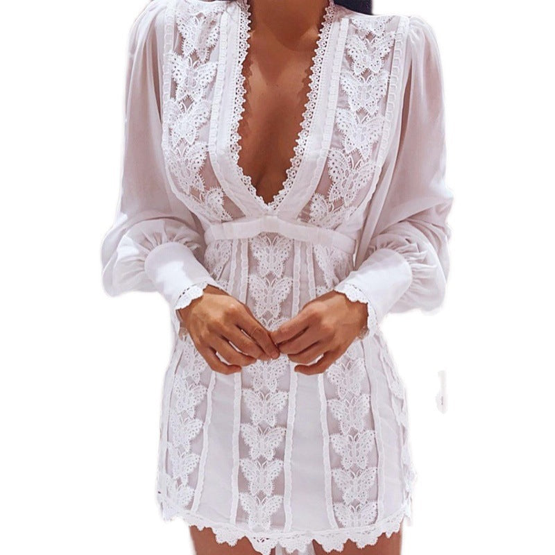 V-Neck Short Lace Dress with Long Puff Sleeve