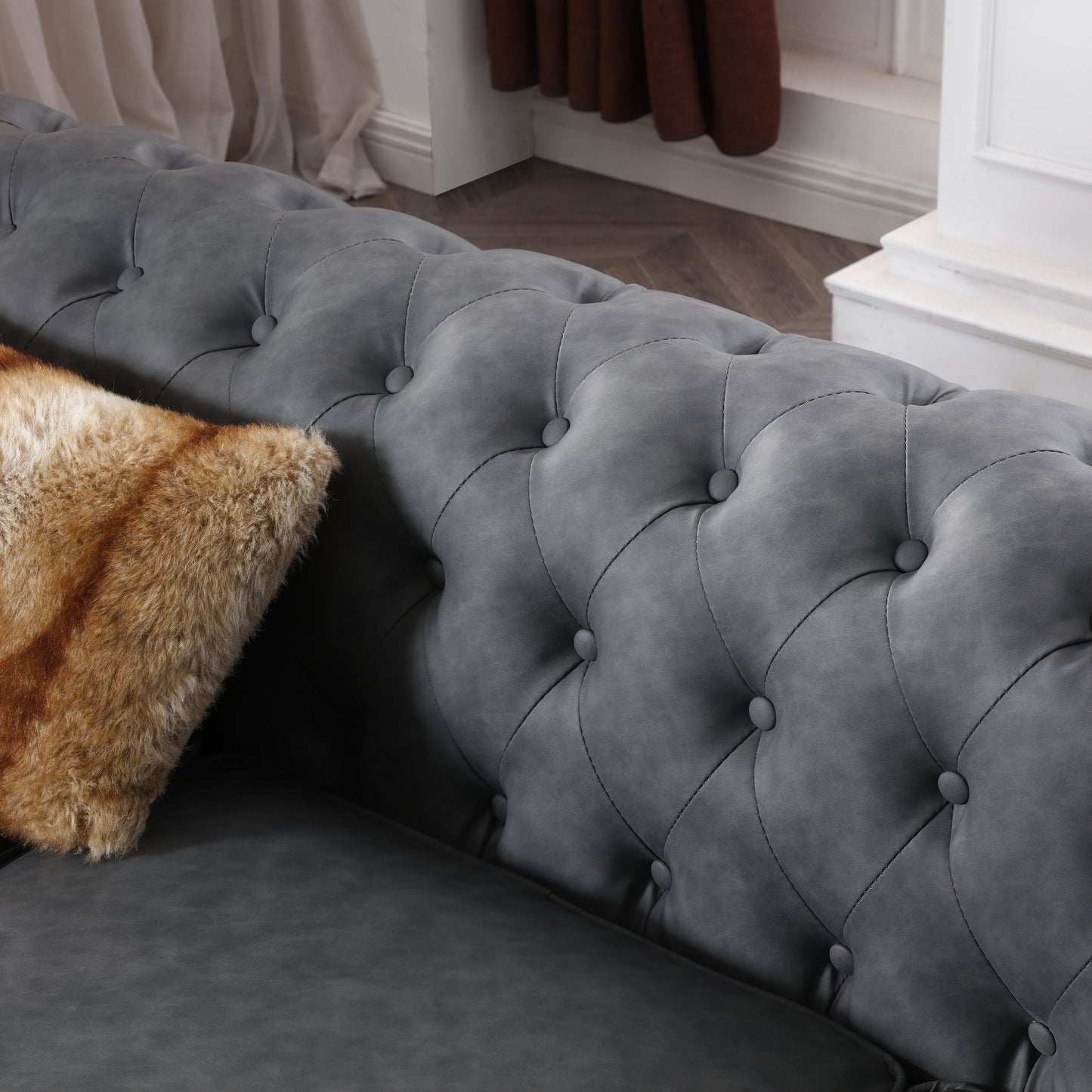 Dunkelgraues getuftetes Sofa aus veganem Leder