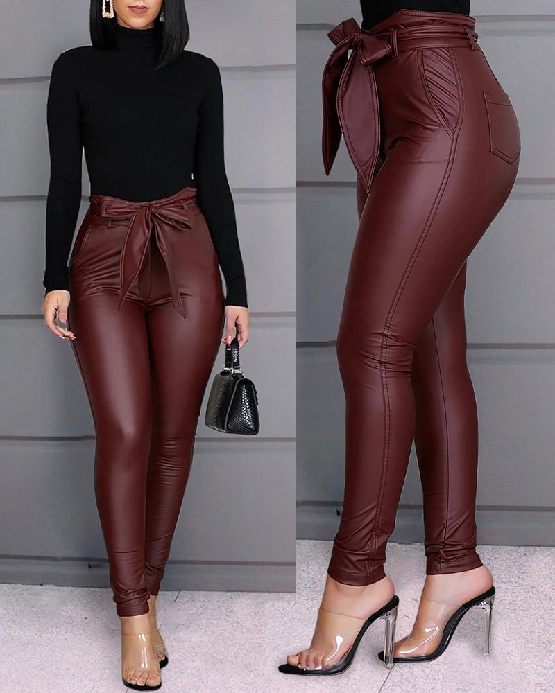 Bow Tied PU Leather Pants