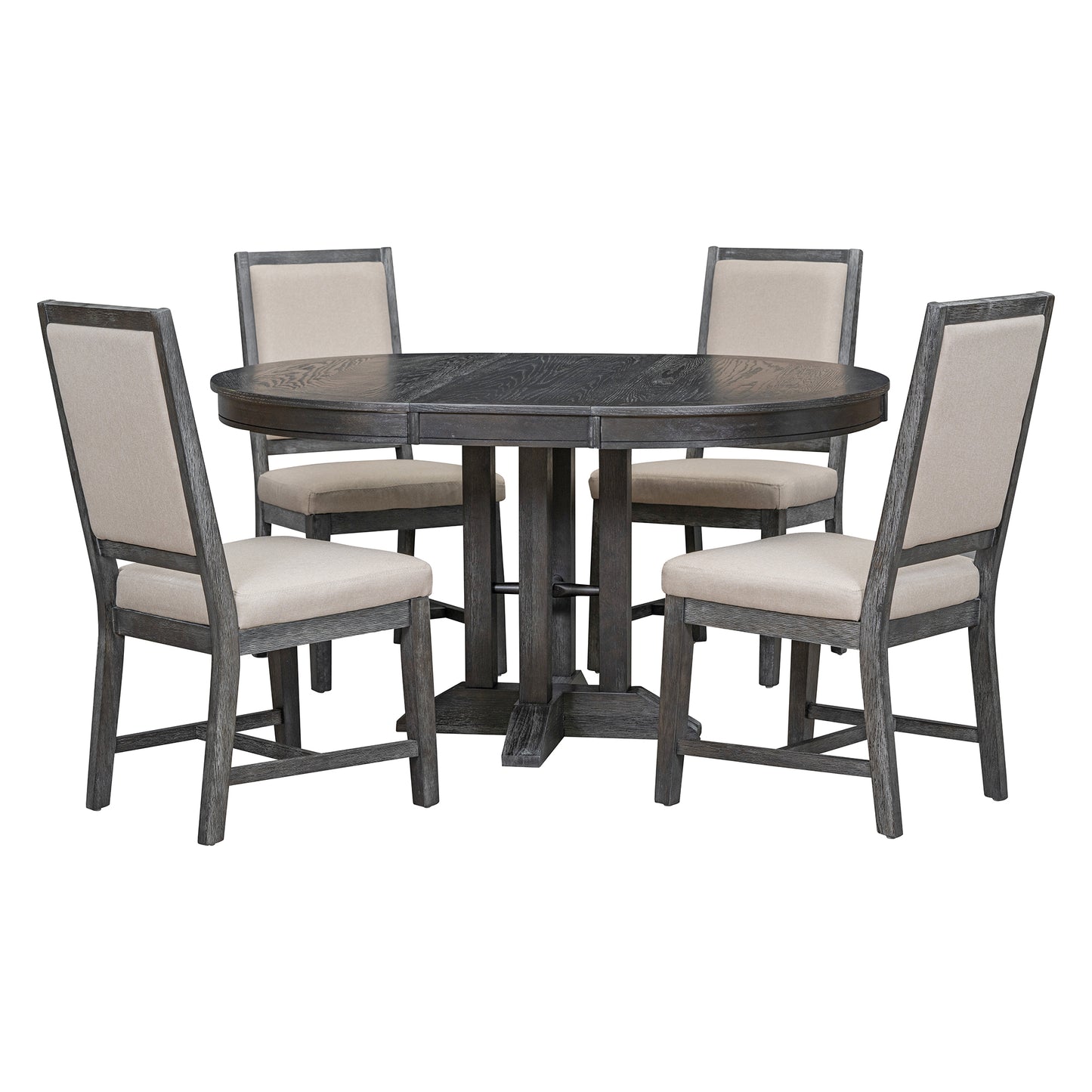 5-Piece Dining Set Extendable Round Table and 4 Upholstered Chairs Farmhouse (Black)