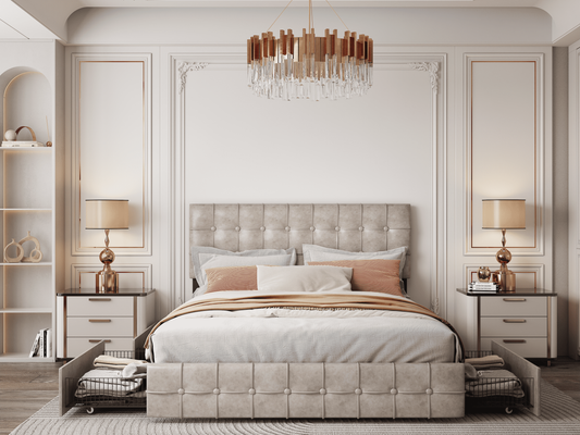Marco de cama con plataforma tapizada de tamaño completo, color beige, con cabecera ajustable y almacenamiento de 4 cajones