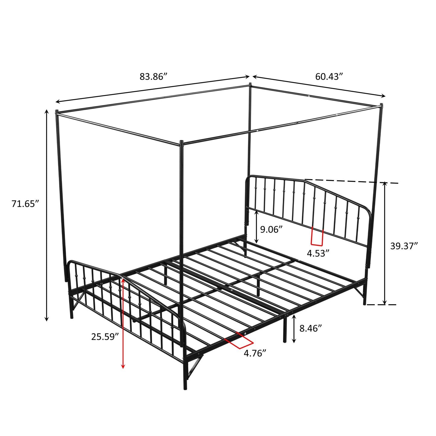 Cama con dosel tamaño queen desmontable de metal antiruido