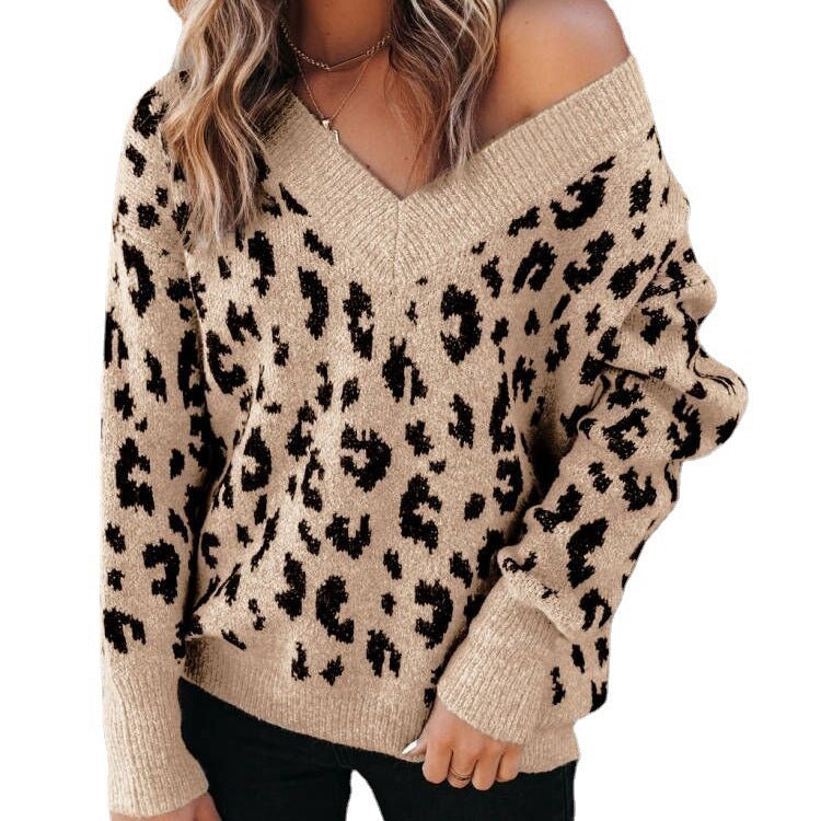 Women's V-neck Leopard Print Sweater