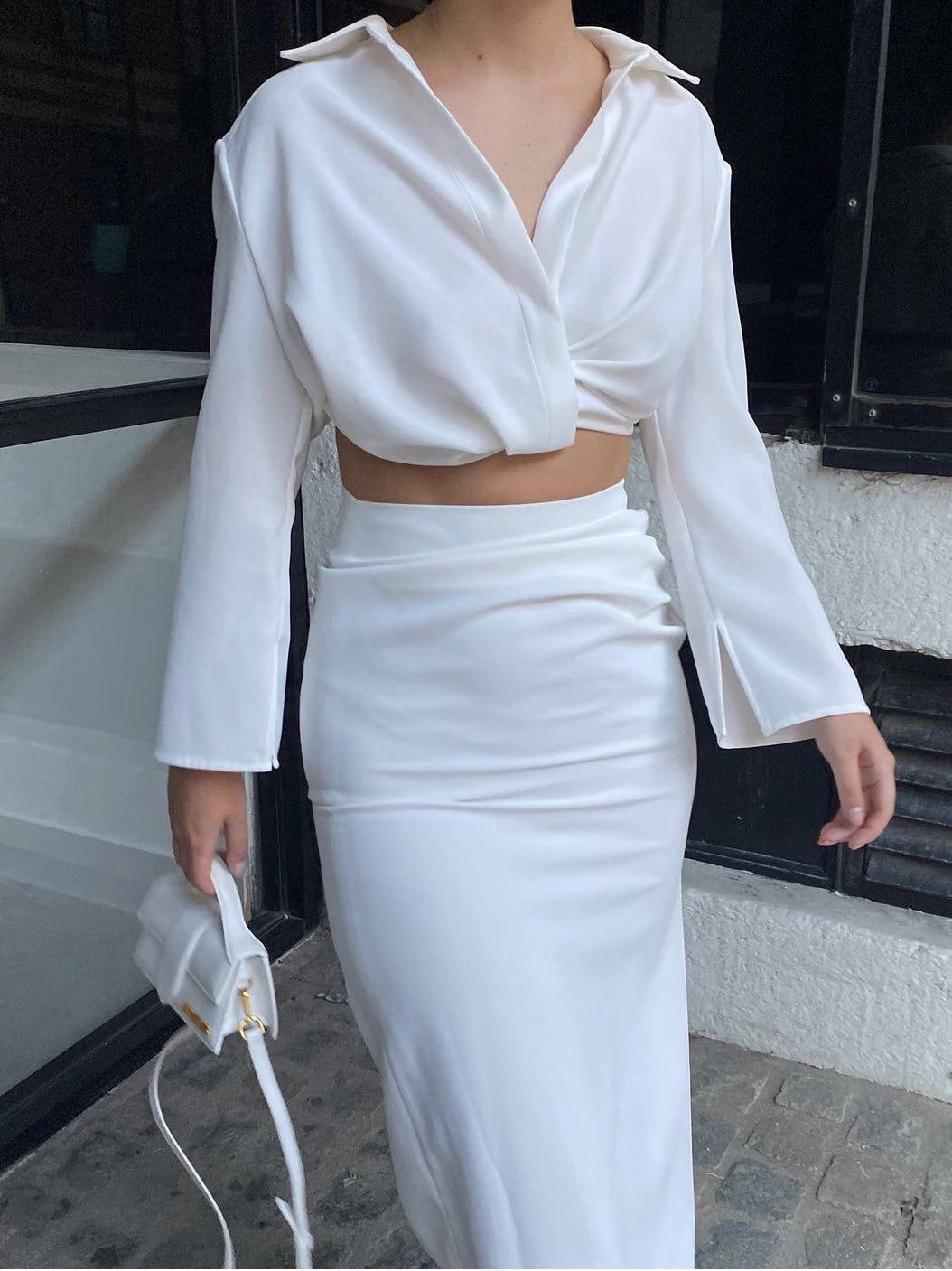 White Mid-Rise Skirt with Slit and Cropped Long Sleeve Set