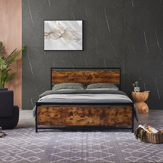 Queen Size Industrial Chic Metal Platform Bed Frame with Wooden Headboard and Footboard