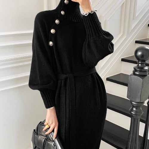 Elegant Turtle Neck Knit Dress With Gold Button-Up Detail