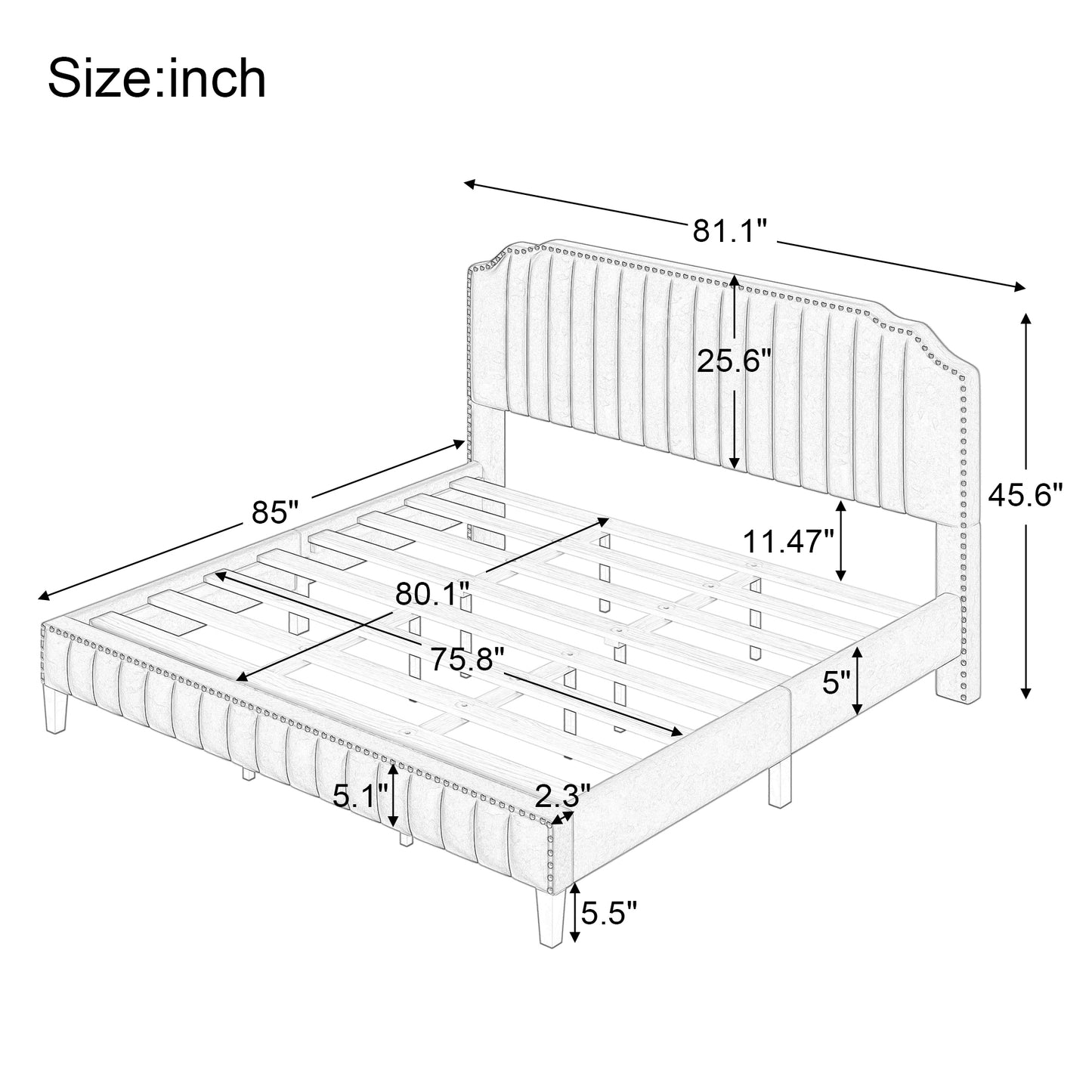 King Velvet  Solid Wood Frame Upholstered Platform Bed