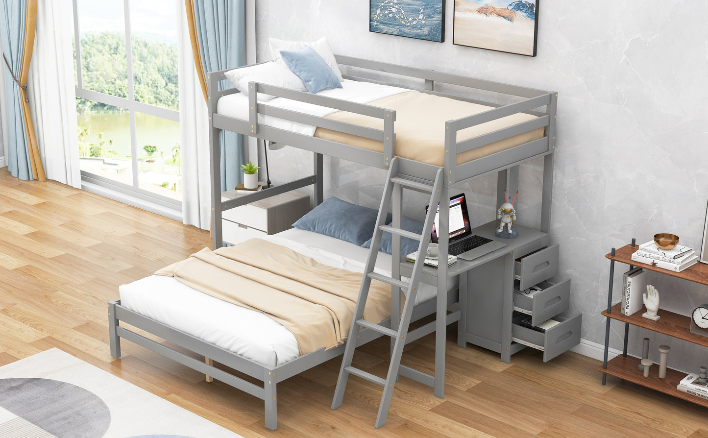 Twin-over-Etagenbett mit integriertem Schreibtisch und drei Schubladen (Grau)