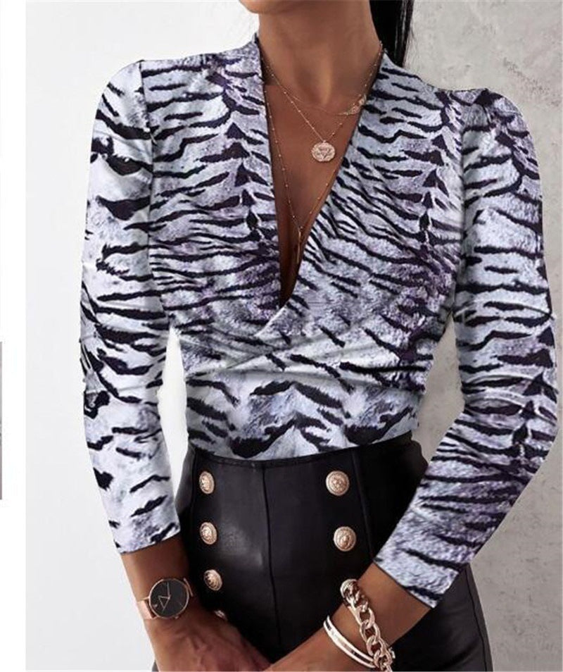 Long Sleeve V-neck Leopard/Tiger Print Ladies Blouse Top