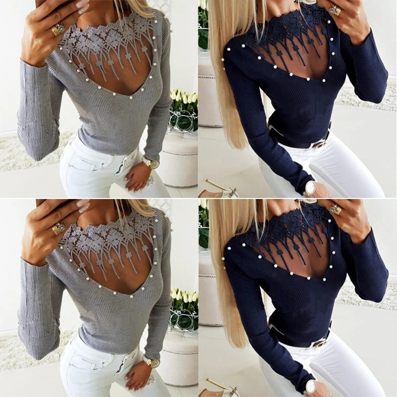 V-Neck Lace Pearl Sweater