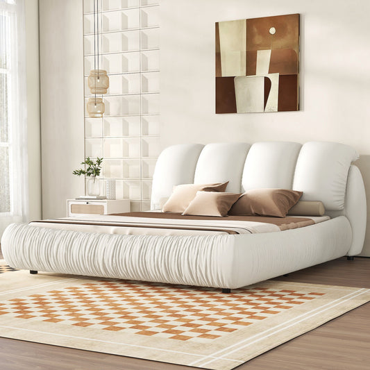 King Size Luxury Handmade Upholstered Leather Bed with Oversized Padded Backrest, White
