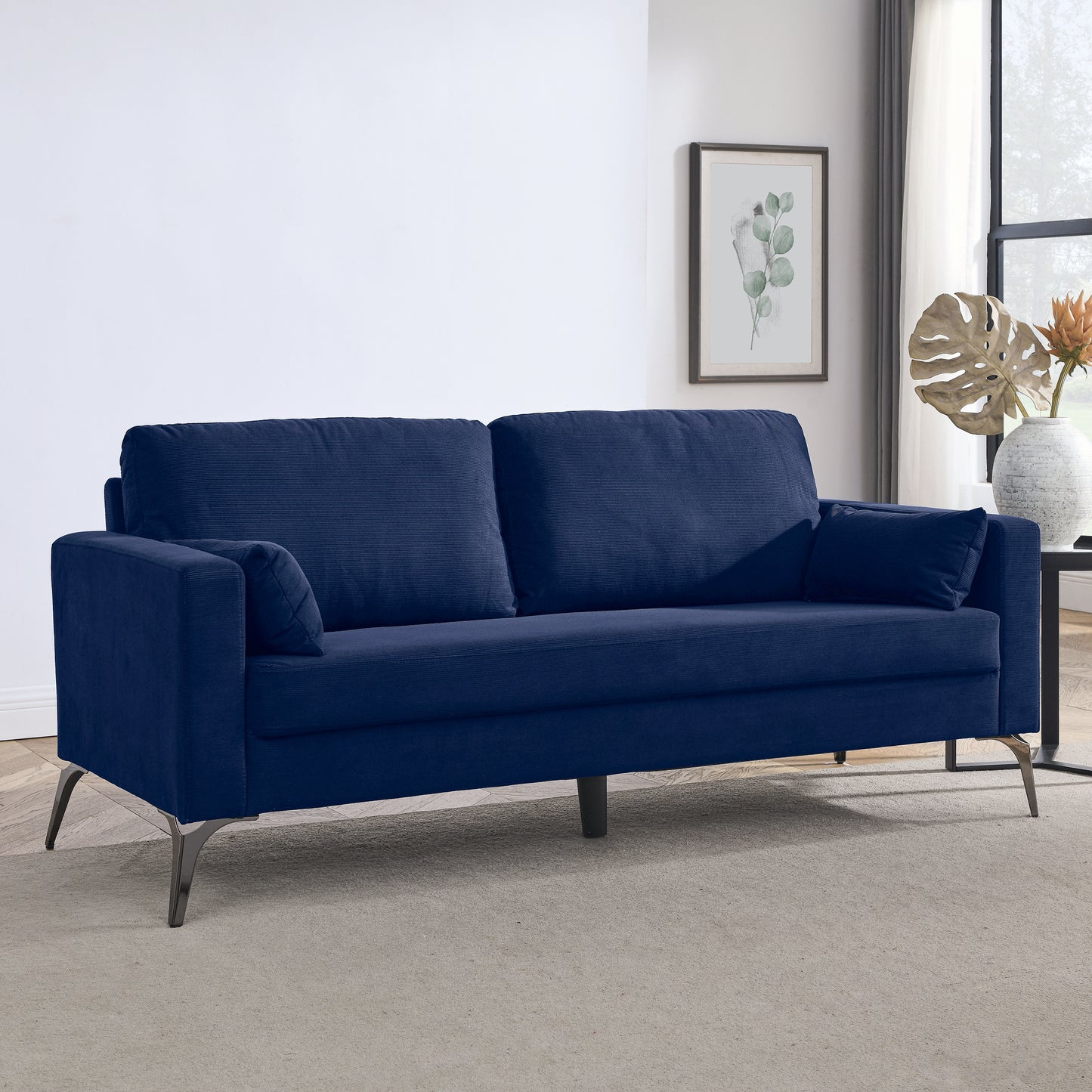Corduroy 3-Seater Sofa with Square Arms, Two Accent Pillows - Navy