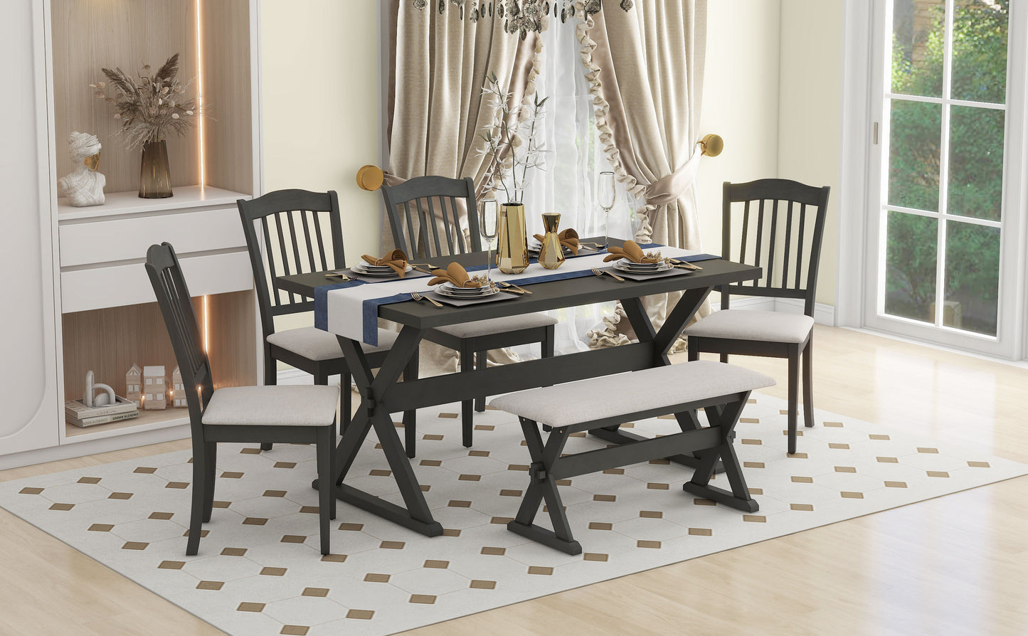 6-Piece Rustic Dining Set, Rectangular X-Frame Table and 4 Upholstered Chairs & Bench  (Gray)