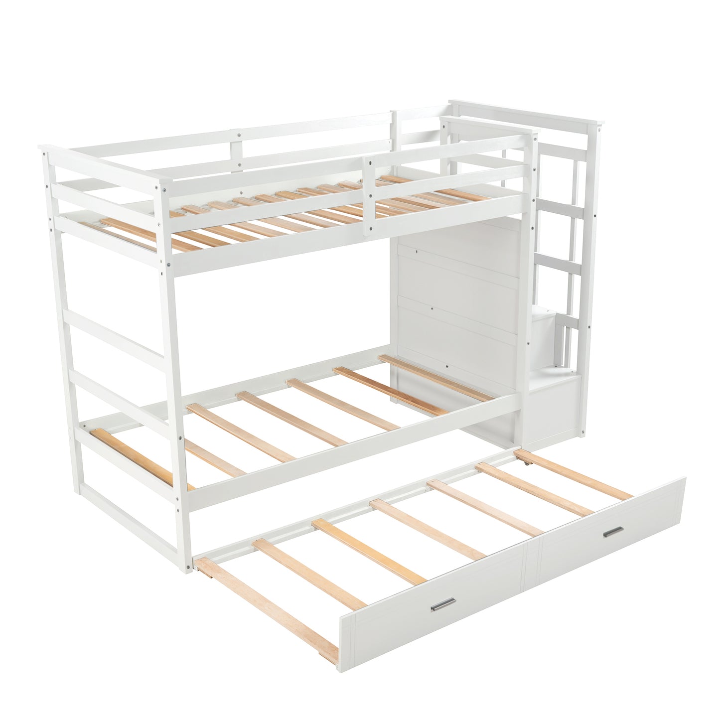 Solid Wood Twin Over Twin Bunk Bed with Trundle, Storage, and Staircase