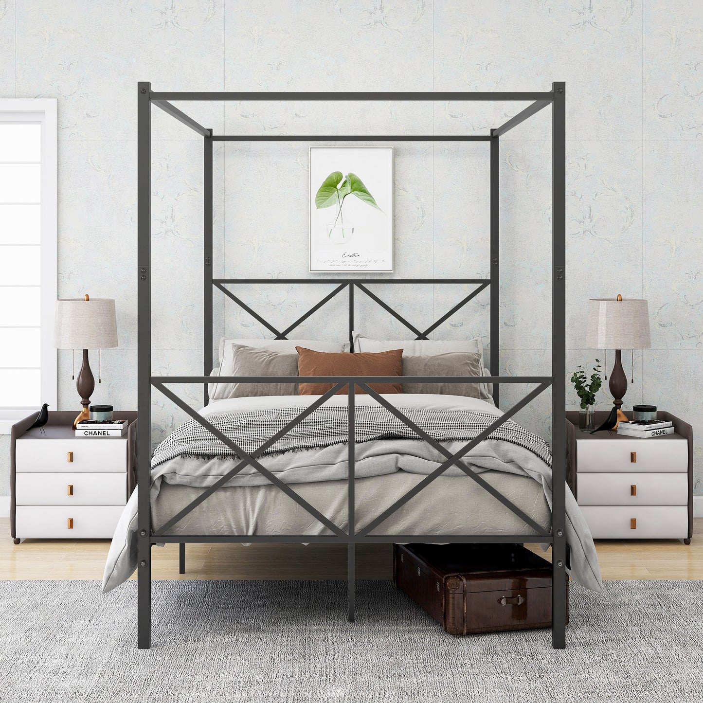 Estructura de cama con detalle en X y dosel de metal de tamaño completo