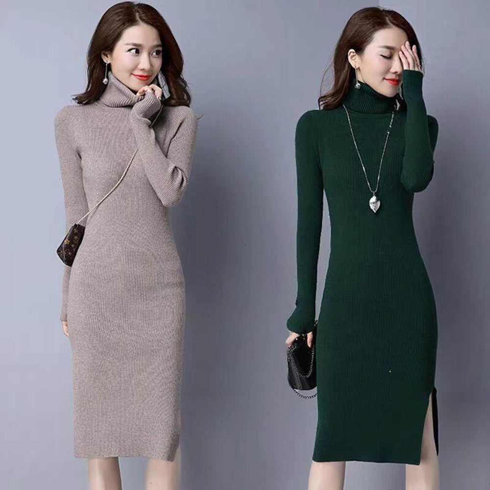 Turtle Neck Sweater Dress with Side Slit