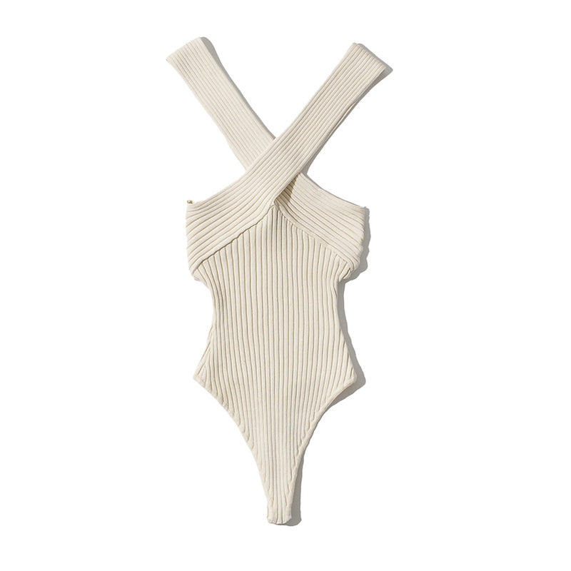 Stretch Halter Cross-Knit Bodysuit