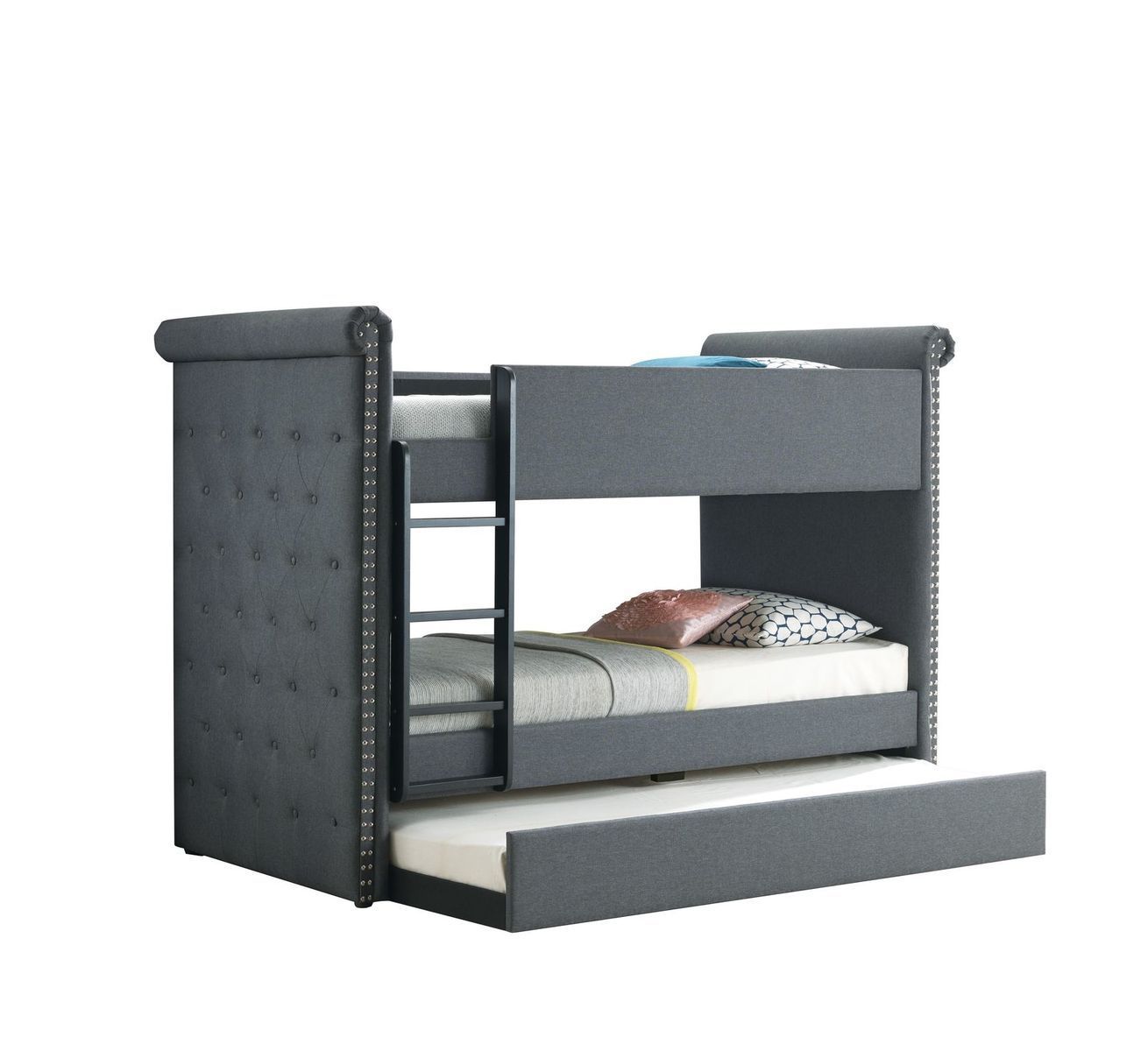 Grey Tufted Twin/Twin Bunk Bed & Trundle