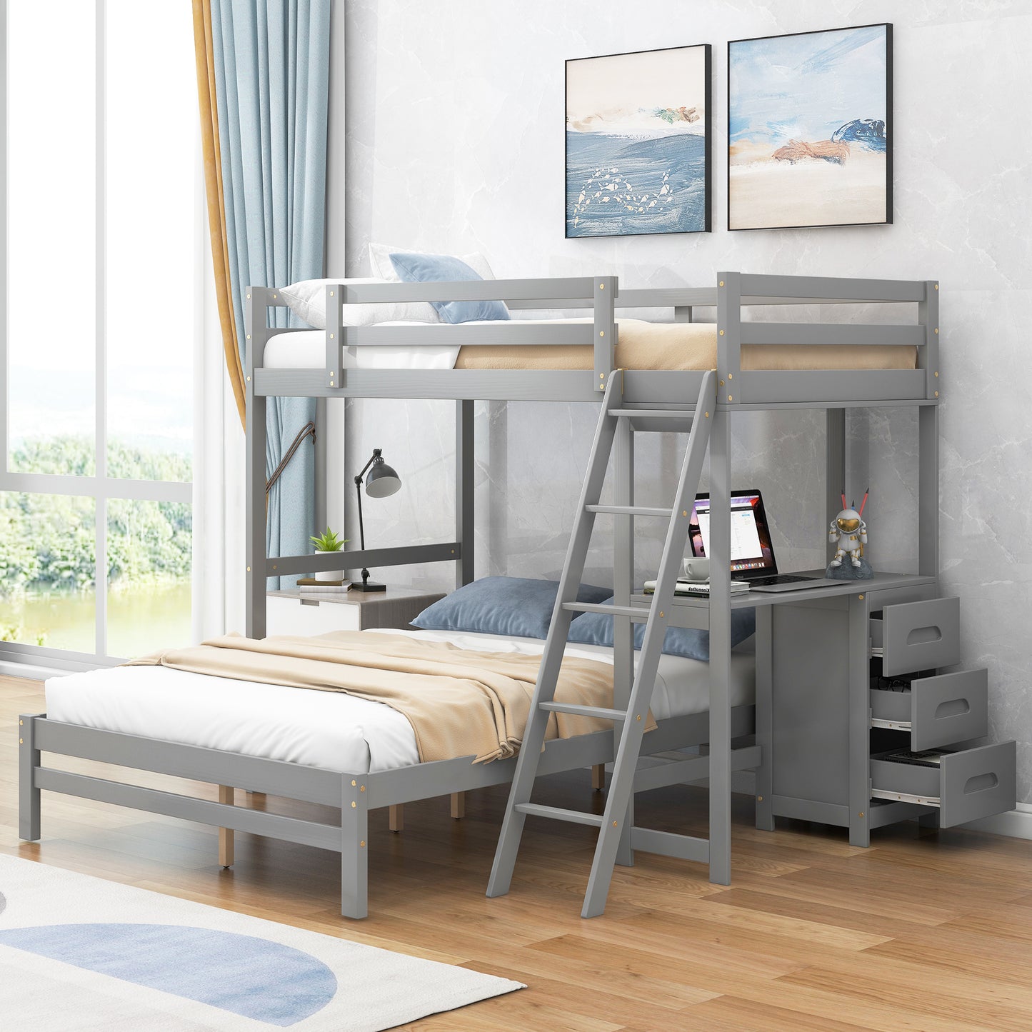 Twin-over-Etagenbett mit integriertem Schreibtisch und drei Schubladen (Grau)
