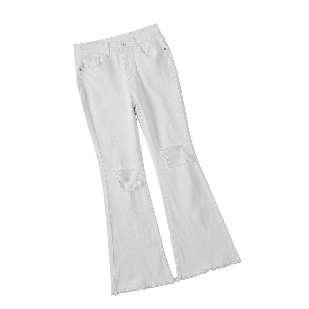 Weiße, zerrissene Vintage-Jeans für Damen mit Bell-Bottom-Schnitt