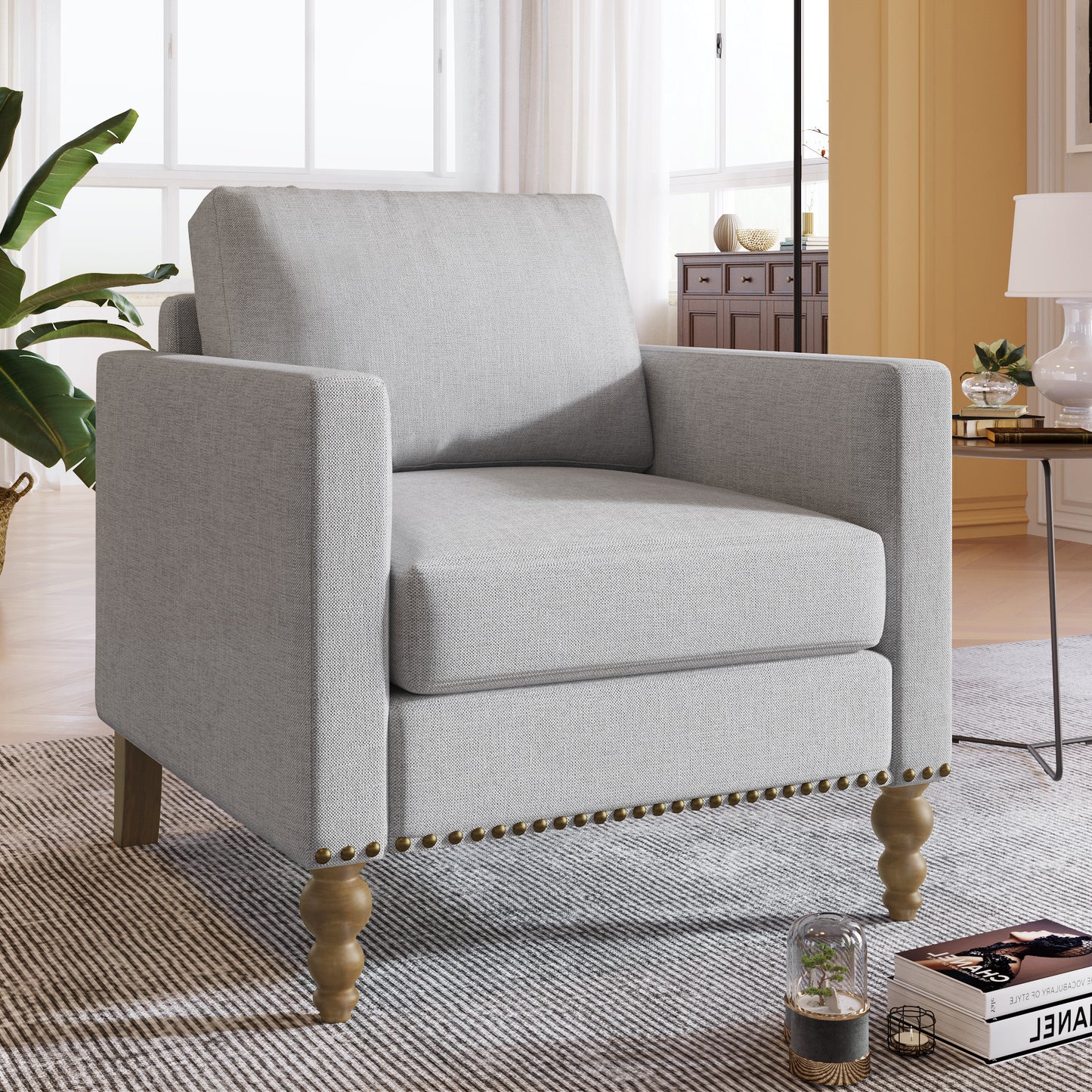 Light Gray Classic Linen Accent Chair