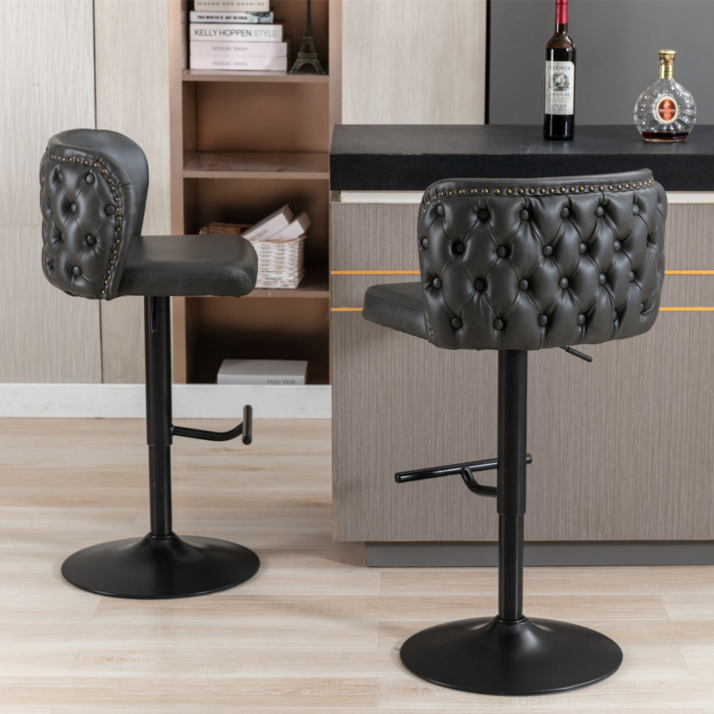 A&A Furniture, Charcoal Grey Vegan Leather Upholstered Swivel Barstools (Set of 2）