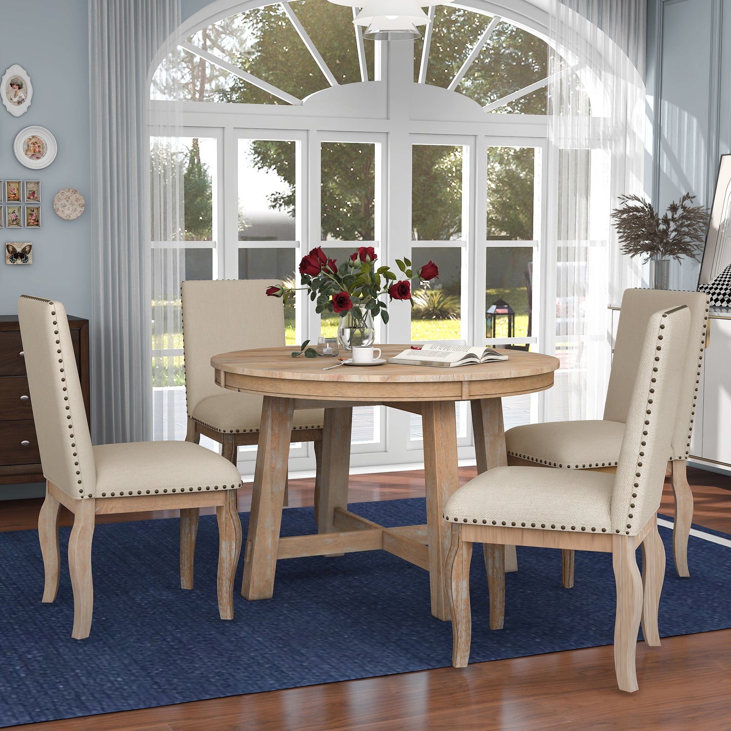 Mesa de comedor extensible redonda de madera de 5 piezas y 4 sillas de comedor tapizadas