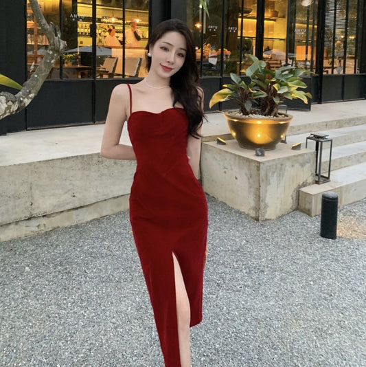 Red Velvet Slit Dress